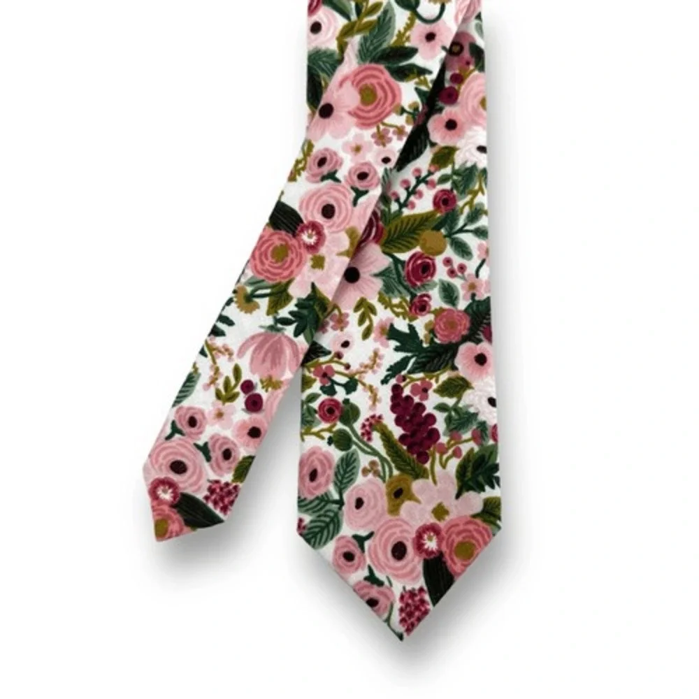 HoBo Ties Men's English Tea Garden Print Necktie Pinks Greens‎ Wedding
